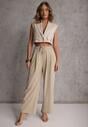 Beżowe Szerokie Spodnie Wiskozą Bawełną i Elastyczną Talią ze  Sznurkiem Arkinae