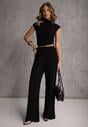Czarny Komplet Spodnie Wide Leg i Top ze Stójką i Drapowaniem w Talii Meridone