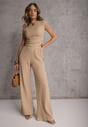 Beżowy Komplet Spodnie Wide Leg i Top ze Stójką i Drapowaniem w Talii Meridone