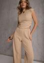 Beżowy Komplet Spodnie Wide Leg i Top ze Stójką i Drapowaniem w Talii Meridone