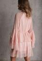 Różowa Eteryczna Sukienka z Falbanami i Wiązanym Paskiem w Talii Rivania