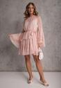 Różowa Eteryczna Sukienka z Falbanami i Wiązanym Paskiem w Talii Rivania