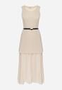 Beżowa Dzianinowa Sukienka z Wiskozą Zdobiona Podszewką i Paskiem z Klamrą Arkilia