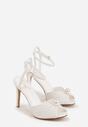 Białe Sandały Peep Toe na Szpilce z Perełkami i Paskiem z Klamerką Velaniella