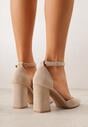 Ciemnobeżowe Czółenka z Imitacji Zamszu na Słupkowym Obcasie ze Szpiczastym Noskiem Hadina