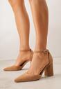 Jasnobrązowe Czółenka z Imitacji Zamszu na Słupkowym Obcasie ze Szpiczastym Noskiem Hadina