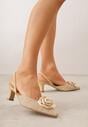 Beżowe Sandały Slingback na Kaczuszce z Tweedowymi Wstawkami i Kwiatem 3D Zehe