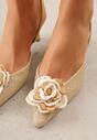 Beżowe Sandały Slingback na Kaczuszce z Tweedowymi Wstawkami i Kwiatem 3D Zehe