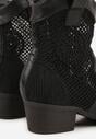 Czarne Botki Kowbojki na Stożku z Ażurową Cholewką z Haftem Isarna