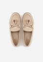 Beżowe Mokasyny z Imitacji Zamszu z Aplikacją w Kształcie Kokardy z Frędzlami Edea