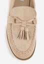 Beżowe Mokasyny z Imitacji Zamszu z Aplikacją w Kształcie Kokardy z Frędzlami Edea