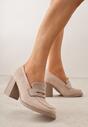 Beżowe Półbuty Mokasyny na Słupku z Geometryczną Wstawką Edalinae
