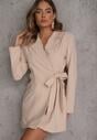 Beżowa Sukienka-Marynarka o Kopertowym Kroju z Wiązaniem w Pasie Verluva