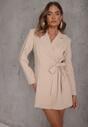 Beżowa Sukienka-Marynarka o Kopertowym Kroju z Wiązaniem w Pasie Verluva