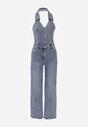Niebieski Bawełniany Kombinezon Jeansowy z Dekoltem Halter i Kołnierzykiem Edaviann
