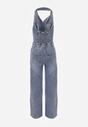 Niebieski Bawełniany Kombinezon Jeansowy z Dekoltem Halter i Kołnierzykiem Edaviann