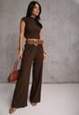Brązowy Komplet Spodnie Wide Leg i Top ze Stójką i Drapowaniem w Talii Meridone