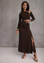 Brązowy Komplet Spódnica i Longsleeve Zdobione Marszczeniami i Aplikacjami  Bervessa