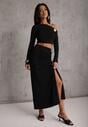 Czarny Komplet Spódnica i Longsleeve Zdobione Marszczeniami i Aplikacjami  Bervessa