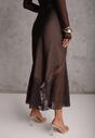 Brązowa Satynowa Spódnica Ozdobiona Rozcięciem na Nogę i Koronką Saviraet