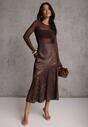 Brązowa Satynowa Spódnica Ozdobiona Rozcięciem na Nogę i Koronką Saviraet