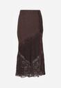 Brązowa Satynowa Spódnica Ozdobiona Rozcięciem na Nogę i Koronką Saviraet