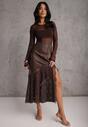 Brązowa Satynowa Spódnica Ozdobiona Rozcięciem na Nogę i Koronką Saviraet