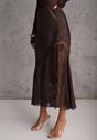 Brązowa Satynowa Spódnica Ozdobiona Rozcięciem na Nogę i Koronką Saviraet