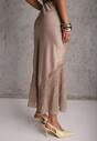 Beżowa Satynowa Spódnica Ozdobiona Rozcięciem na Nogę i Koronką Saviraet