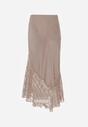 Beżowa Satynowa Spódnica Ozdobiona Rozcięciem na Nogę i Koronką Saviraet