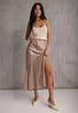 Beżowa Satynowa Spódnica Ozdobiona Rozcięciem na Nogę i Koronką Saviraet
