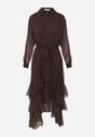 Brązowa Sukienka o Koszulowym Kroju z Przedłużonym Tyłem i Falbanami Savarinna