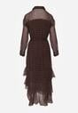 Brązowa Sukienka o Koszulowym Kroju z Przedłużonym Tyłem i Falbanami Savarinna