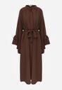 Brązowa Koszulowa Sukienka z Wiskozy Ozdobiona Paskiem i Falbanami Tinethra