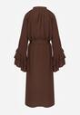 Brązowa Koszulowa Sukienka z Wiskozy Ozdobiona Paskiem i Falbanami Tinethra