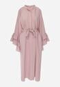 Różowa Koszulowa Sukienka z Wiskozy Ozdobiona Paskiem i Falbanami Tinethra