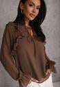 Brązowa Bluzka w Stylu Coquette z Falbankami i Wiązaniem przy Szyi Seathrina
