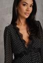 Czarna Sukienka w Kropki Ozdobiona Koronką i Przezroczystymi Rękawami Neanirae