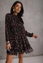 Czarna Sukienka Rozkloszowana w Kropki i Kwiatowy Print z Falbanami Ediannela