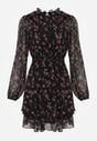 Czarna Sukienka Rozkloszowana w Kropki i Kwiatowy Print z Falbanami Ediannela