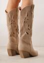 Ciemnobeżowe Ażurowe Kozaki Kowbojki na Obcasie typu Stożek Tidrina