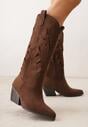 Brązowe Ażurowe Kozaki Kowbojki na Obcasie typu Stożek Tidrina