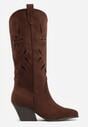 Brązowe Ażurowe Kozaki Kowbojki na Obcasie typu Stożek Tidrina
