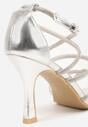 Srebrne Sandały na Szpilce z Kwadratowym Noskiem i Cyrkoniowymi Paskami Zeviana