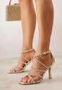 Złote Sandały na Szpilce z Kwadratowym Noskiem i Cyrkoniowymi Paskami Zeviana