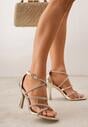 Złote Sandały na Szpilce z Kwadratowym Noskiem i Cyrkoniowymi Paskami Zeviana