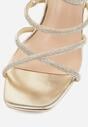 Złote Sandały na Szpilce z Kwadratowym Noskiem i Cyrkoniowymi Paskami Zeviana