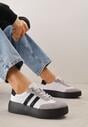 Biało-Szare Sneakersy ze Skóry Naturalnej na Platformie z Perforacją  i Paskami Urevla