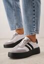 Biało-Szare Sneakersy ze Skóry Naturalnej na Platformie z Perforacją  i Paskami Urevla