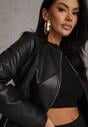 Czarna Taliowana Kurtka Biker z Dekoltem Crew Neck Ozdobiona Przeszyciami Nelithaen